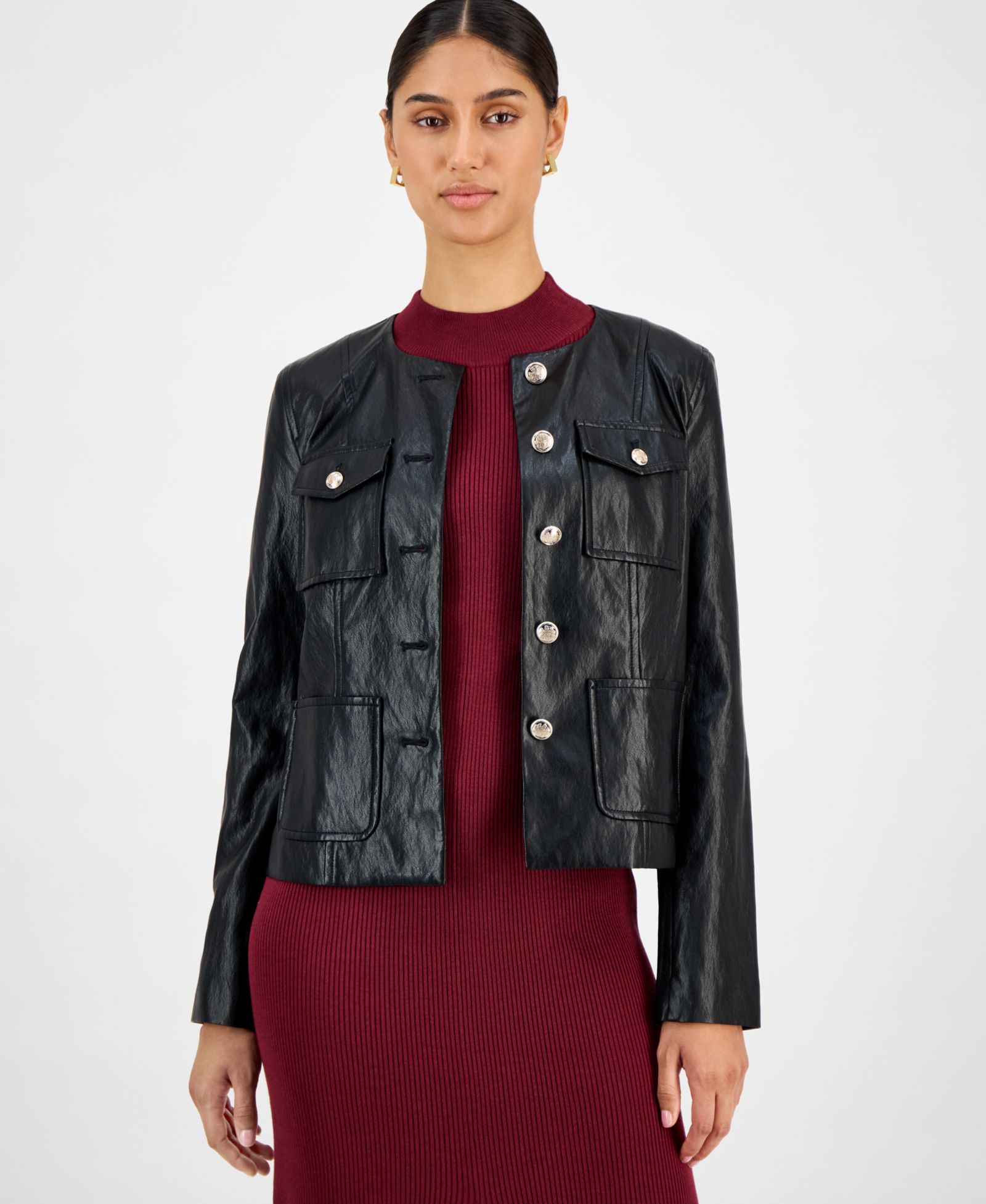 T Tahari Women's Button-Front Faux Leather Jacket
