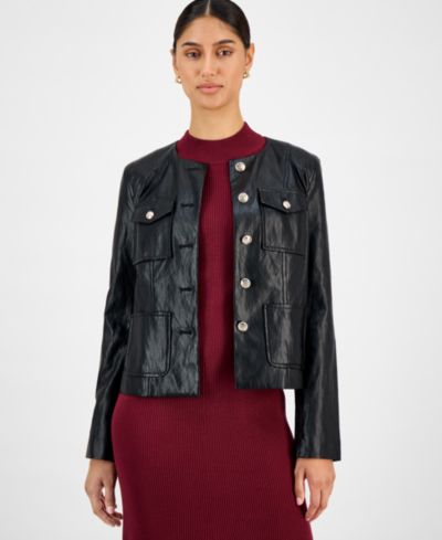 T Tahari Women's Button-Front Faux Leather Jacket