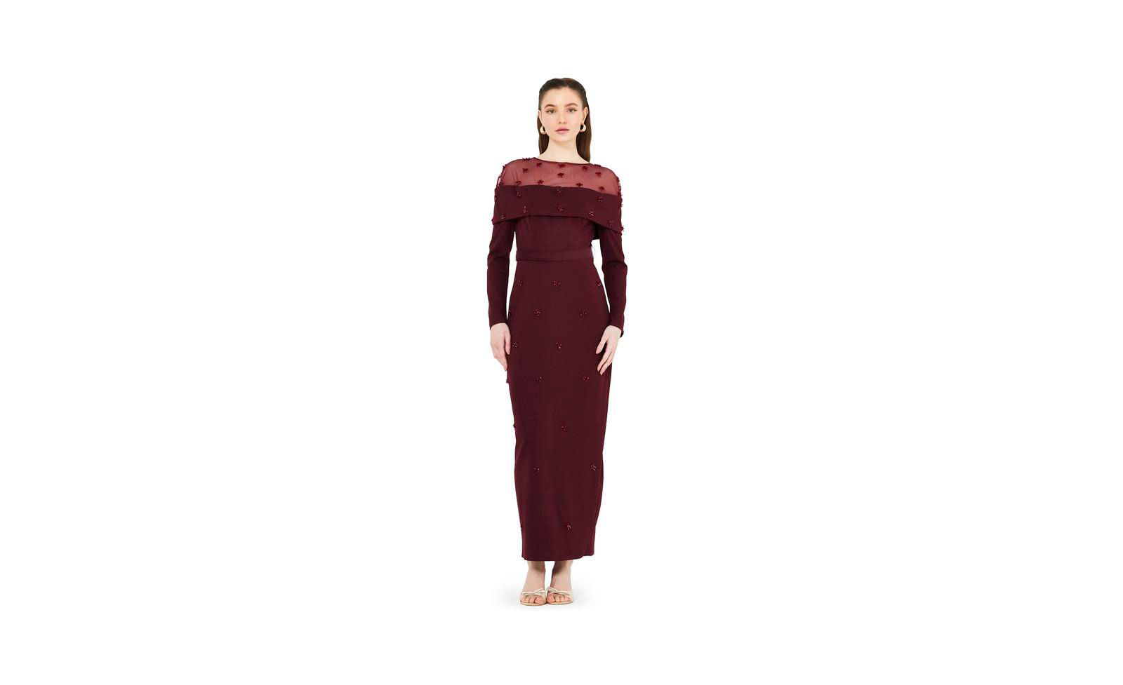 AMRI Hand Embellished Tulle Panel Bardot Dress