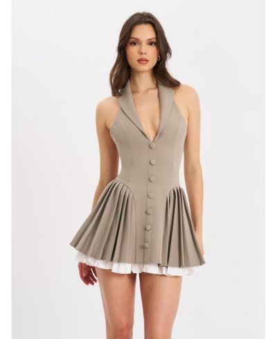 Miss Circle Women's Hazel Brown Preppy Halter Neck Pleated Mini Dress