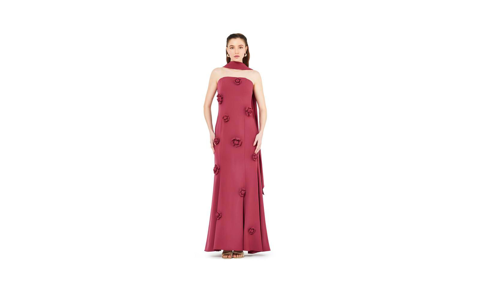 AMRI Floral Applique Strapless Mermaid Gown