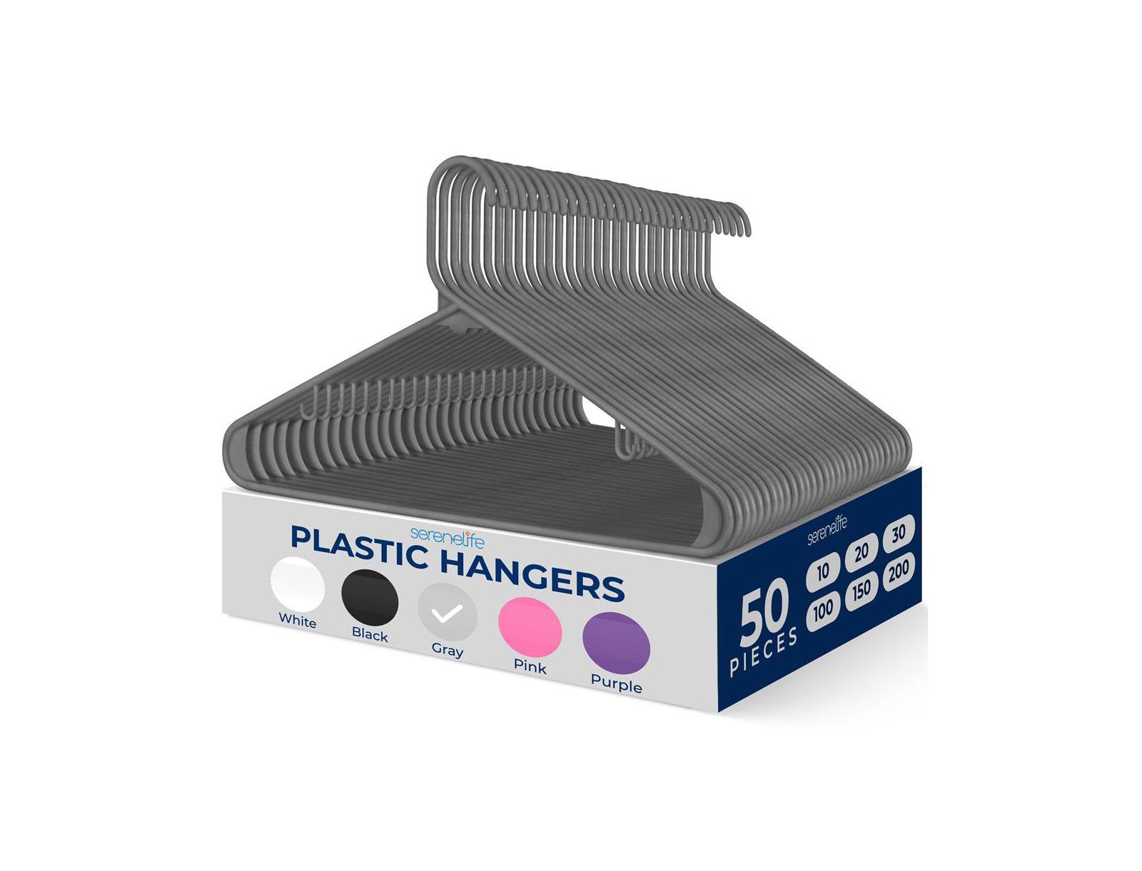 SereneLife 50 Pack Plastic Hangers, Non-Slip, Space-Saving Closet Organizers, Durable and Strong for Shirts