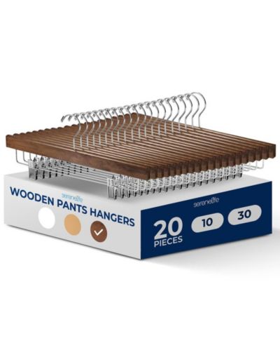 SereneLife 20 Pcs. Premium Wooden Pants Hangers - Heavy Duty Hanger Set with Chrome 360° Swivel Hook (Retro