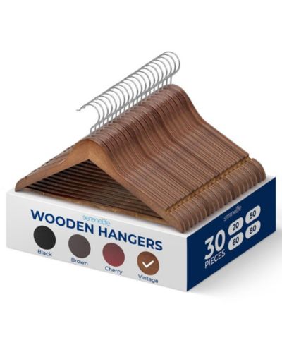 SereneLife 30-Pack Wooden Clothes Hangers – Heavy-Duty with Non-Slip Notches, 360° Swivel Hook & Pants Bar, Vintage Finish