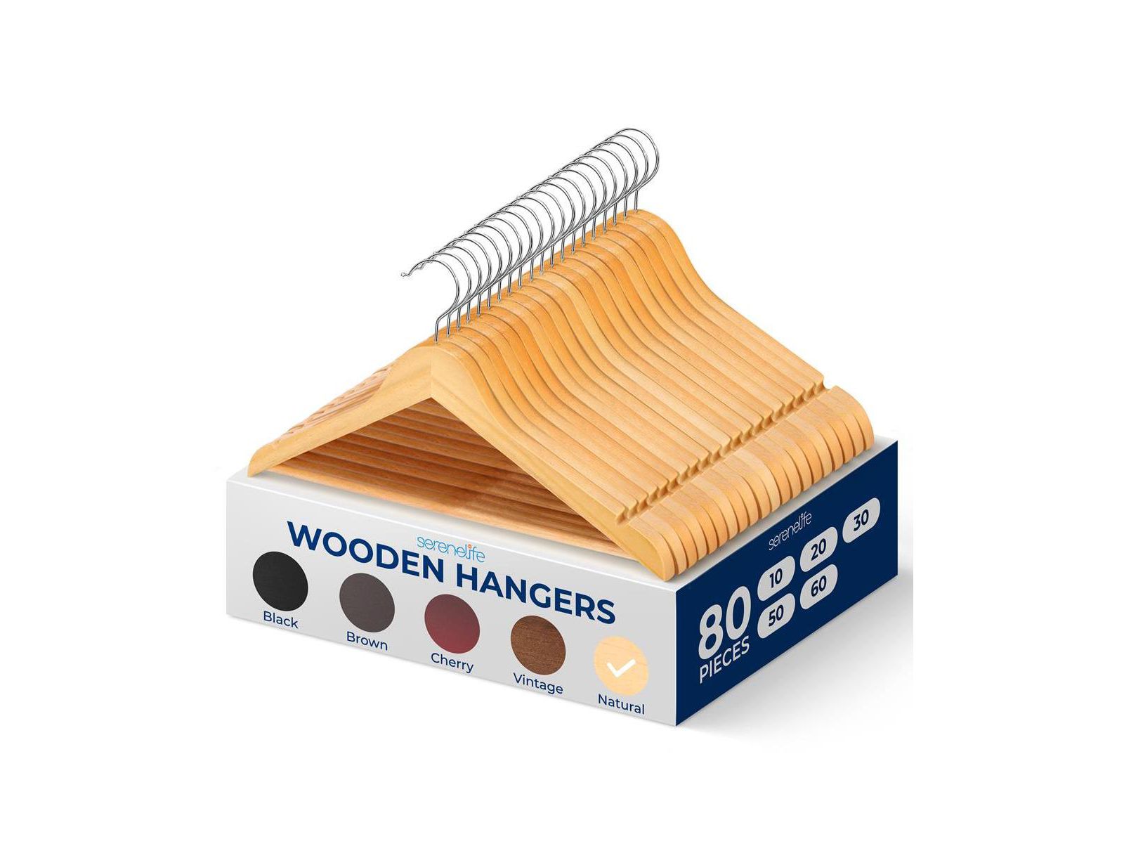 SereneLife 80 pack solid wooden hangers, heavy duty natural wood with 360degree(s) swivel hook, shoulder notches & pants bar