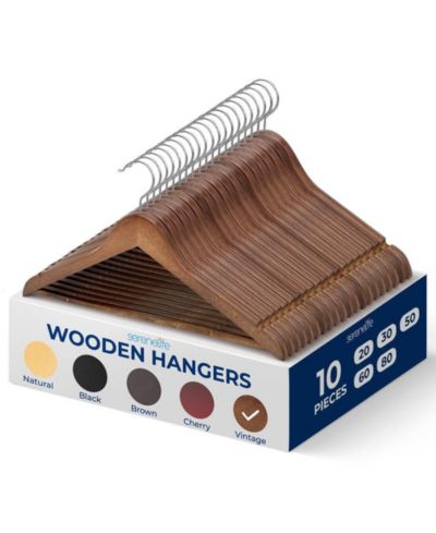 SereneLife Wooden Suit Hanger Set with 10 Non-Slip Heavy-Duty Hangers and Chrome 360° Swivel Hooks