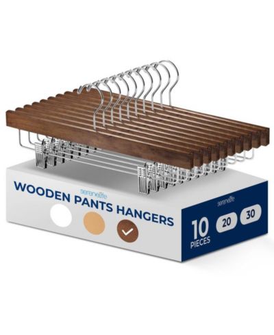 SereneLife 10 Pcs. Premium Wooden Pants Hangers - Heavy Duty Hanger Set with Chrome 360° Swivel Hook (Retro)