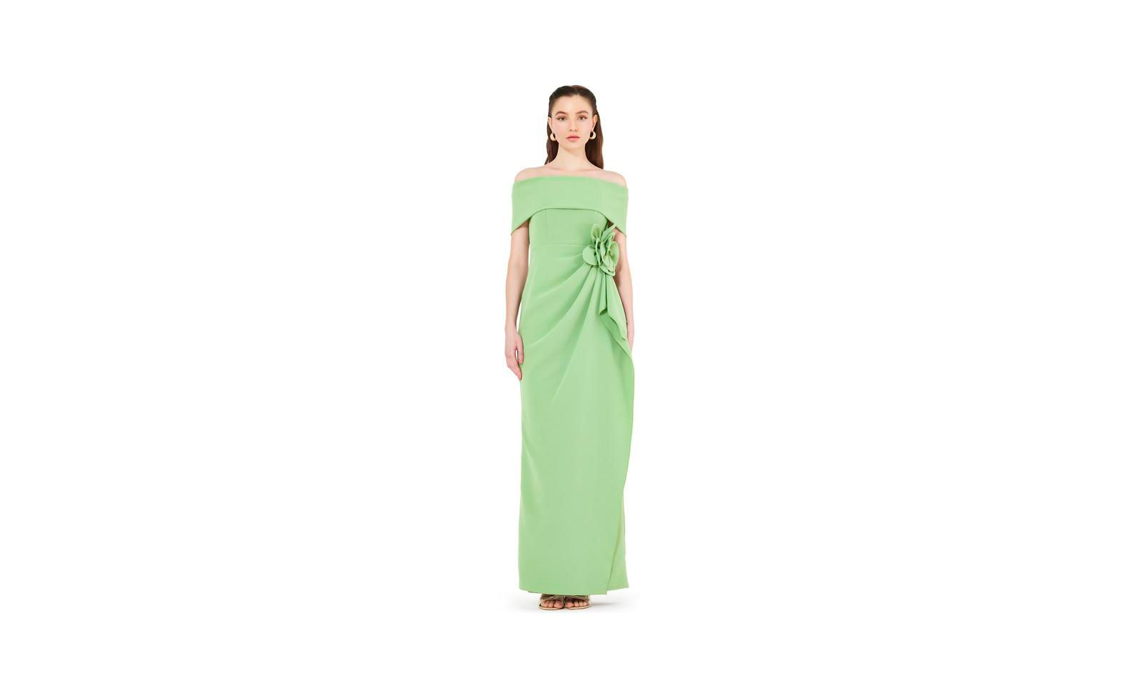 Платье AMRI Bardot Neckline Floral Applique Pleated Gown