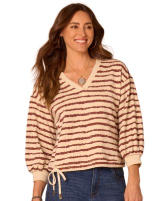 Democracy Women's Jacquard V-Neck Blouson-Sleeve Top