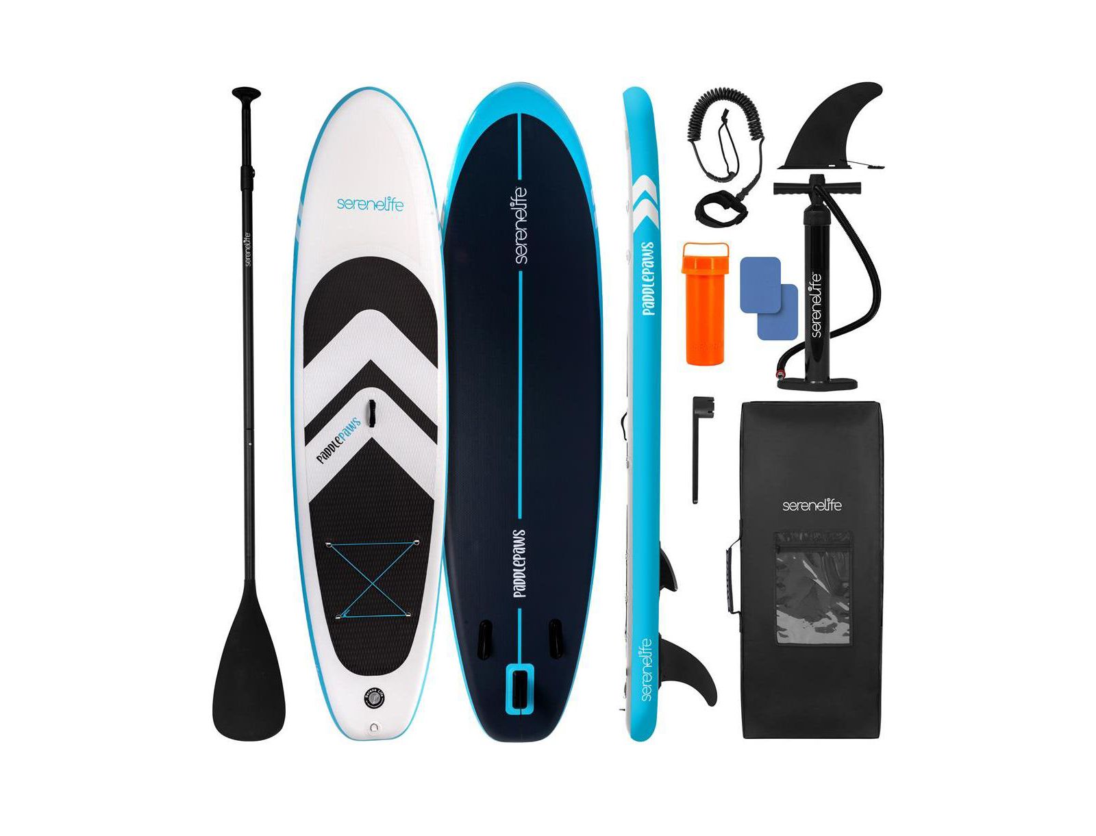 Free-Flow Welded Inflatable Stand-Up Paddle-Board with Double-Action Hand Pump, 3-Shaft Aluminum Paddle, Leash, Fin, Repair Kit and Backpack (Black)