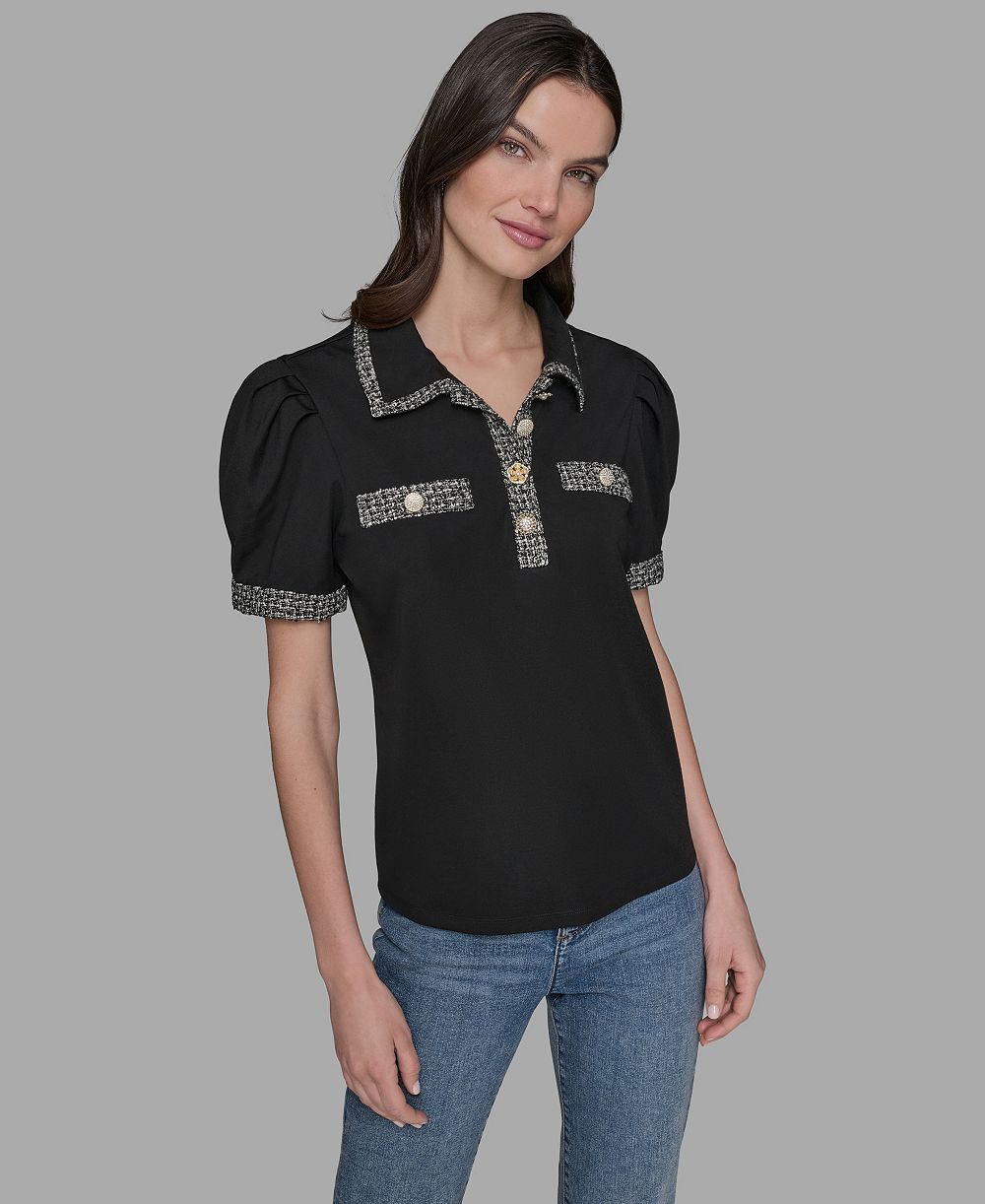 KARL LAGERFELD PARIS Women's Short Sleeve Tweed Trim Knit Top