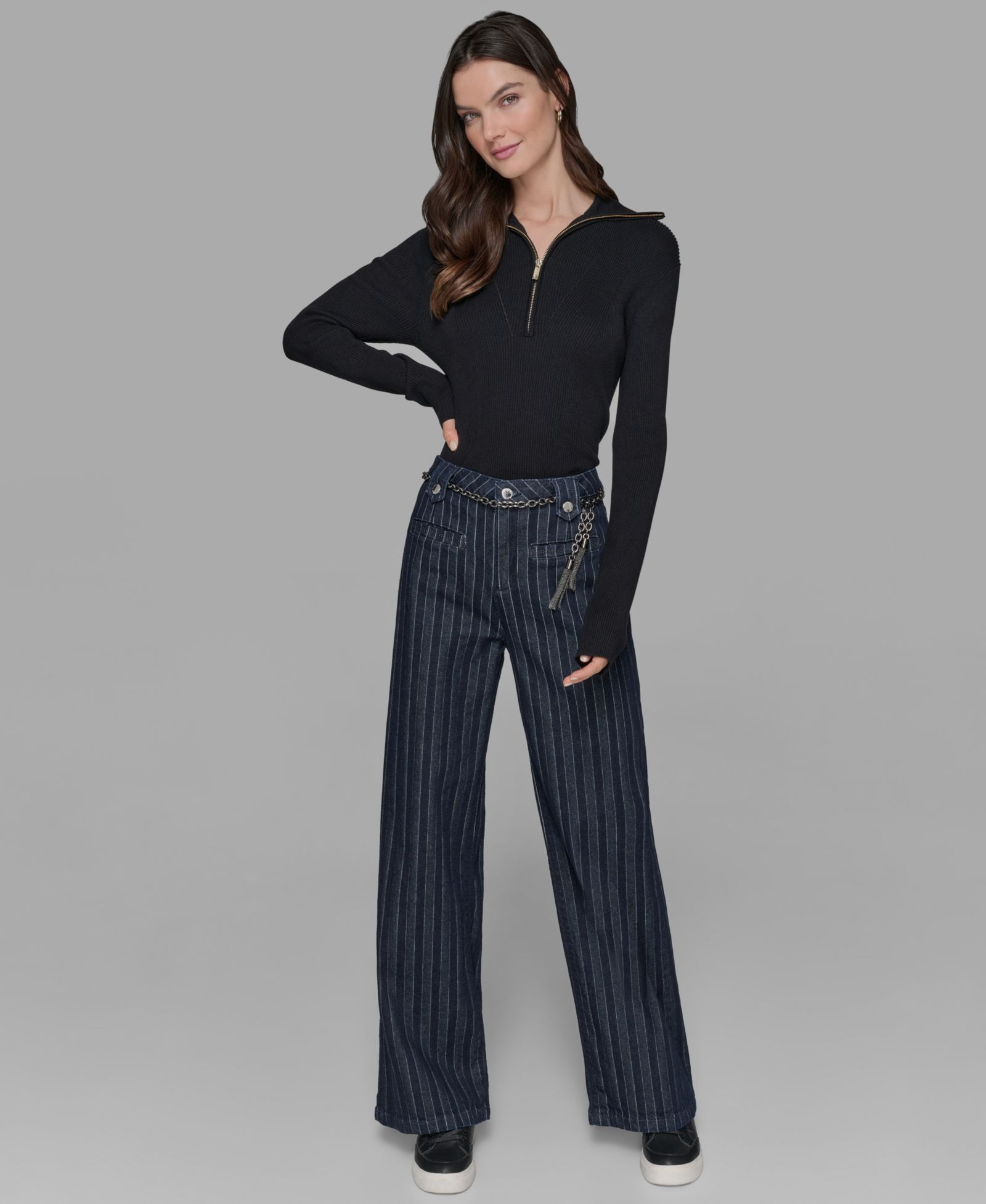 Брюки KARL LAGERFELD PARIS Women's Striped Denim Belted Wide-Leg