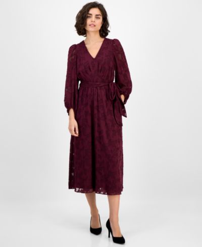Anne Klein Women's Jacquard V-Neck 3/4-Sleeve Midi Dress
