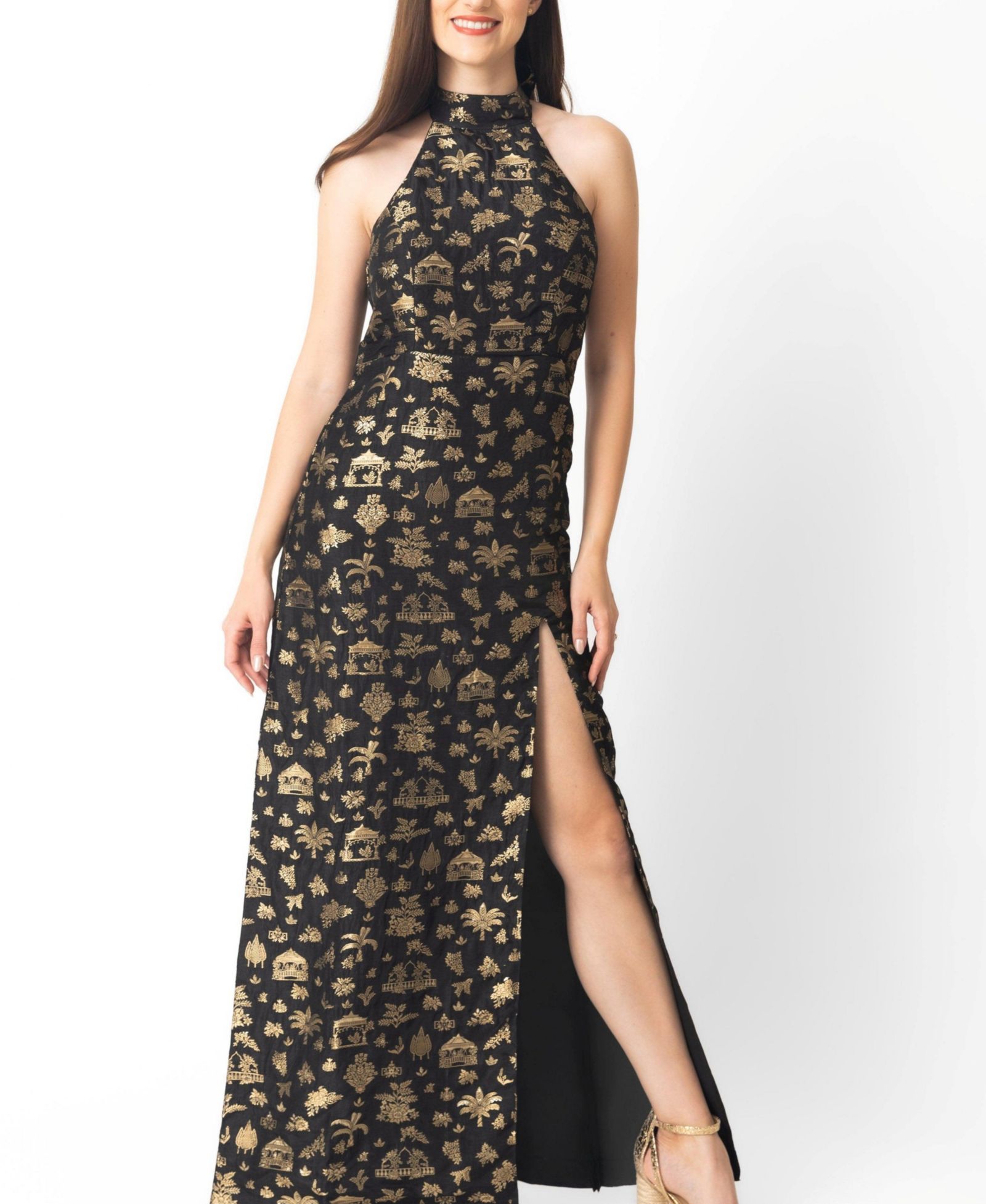 Женское длинное платье RAAS Black and Gold с разрезом