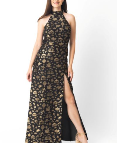 RAAS Women's Black and Gold Long Dress with Slit
