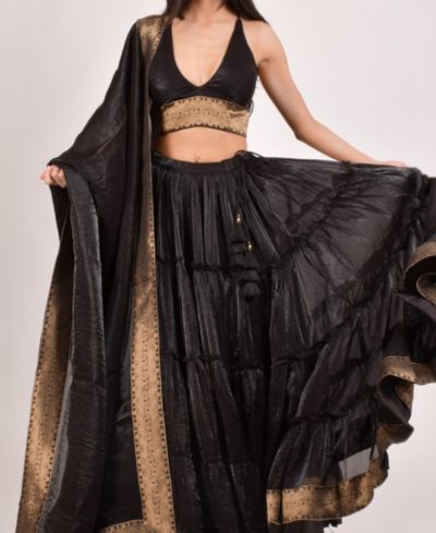 RAAS Women's Tiered Shimmer Black Lehenga Choli