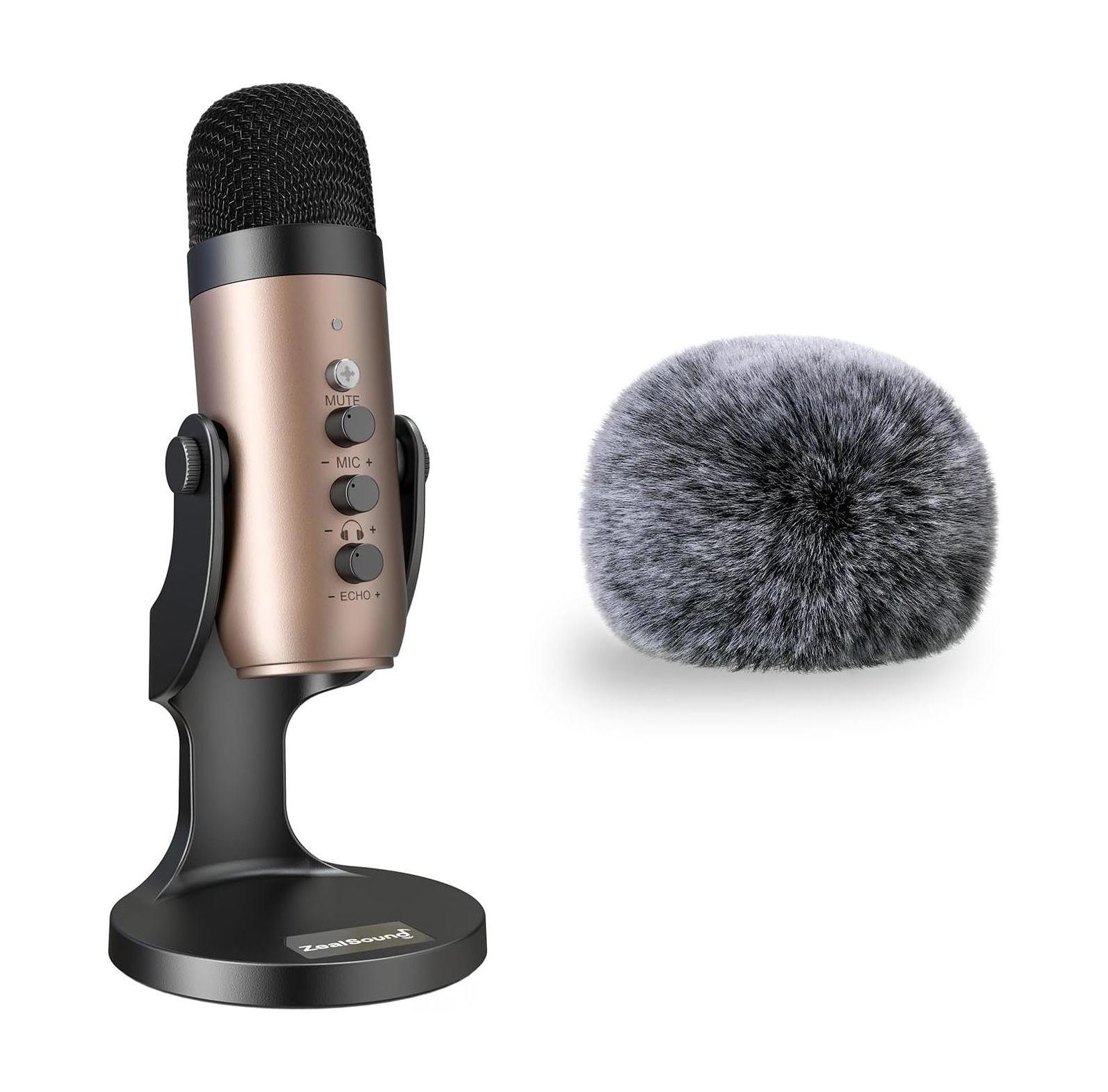 Комплект USB-микрофона ZealSound k66g Gold и пушистого ветрозащитного чехла