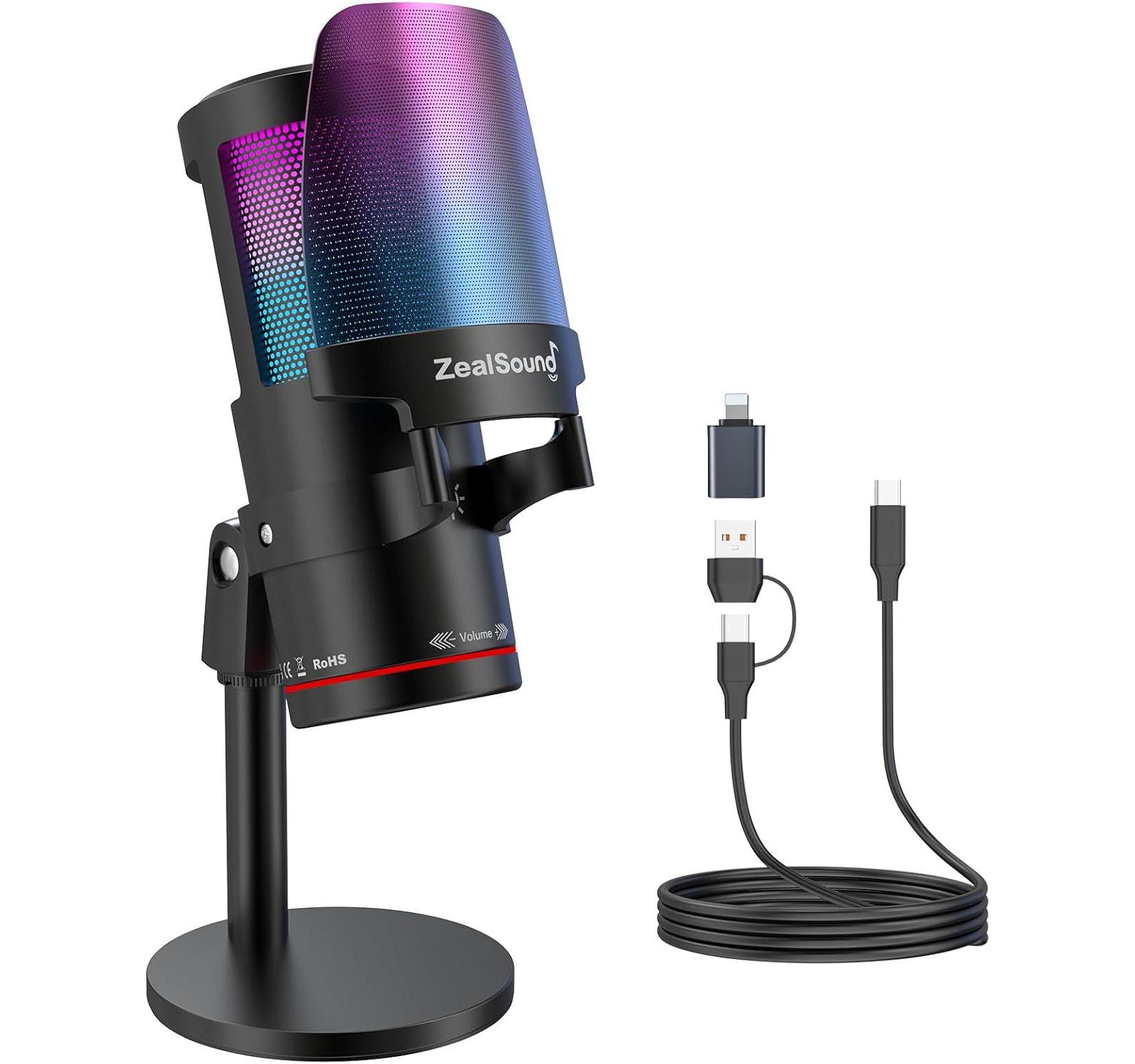 USB микрофон ZealSound для iPhone, iPad, PC, RGB игровой микрофон с металлическим корпусом, функцией Mute, поп-фильтром и Gain для подкастинга, стриминга и YouTube