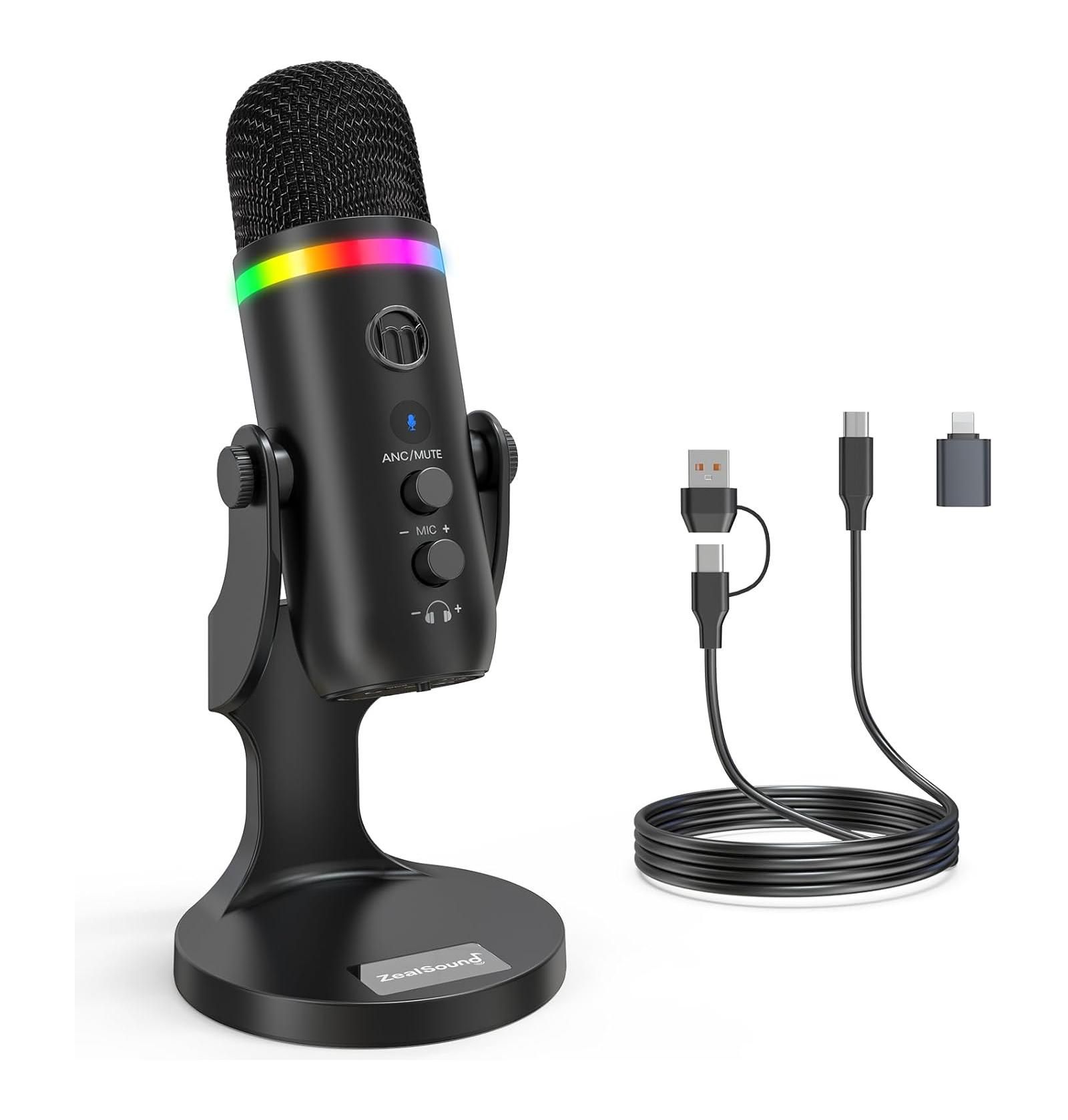 Zealsound K66 Noise-Cancelling USB Condenser Microphone [Compatible] with iPhone, iPad, Android, PS4, PS5, Windows PCs, and Macs
