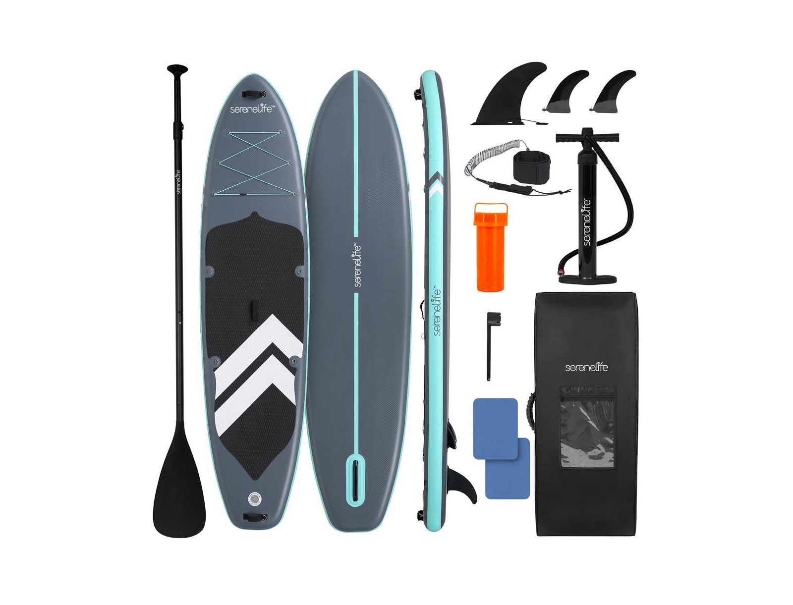 SereneLife Inflatable Stand Up Paddle Board Kit with Pump, Aluminum Paddle, Leash, Removable Fins, Repair Kit & Backpack