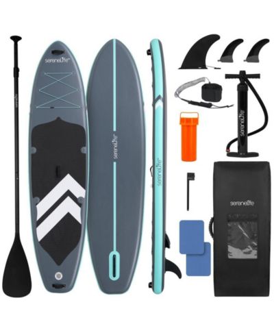 SereneLife Inflatable Stand Up Paddle Board Kit with Pump, Aluminum Paddle, Leash, Removable Fins, Repair Kit & Backpack