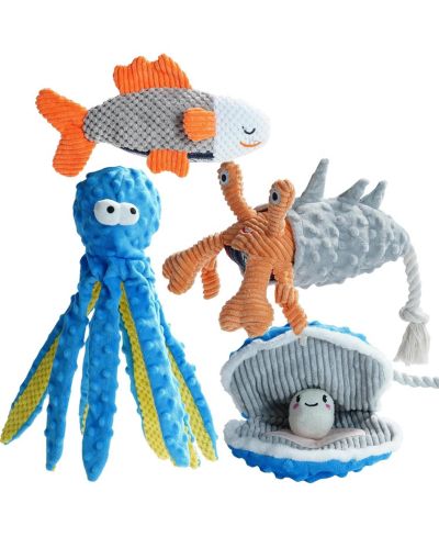 Nocciola 4 PCS Sea Creatures Crinkle Squeaky Dog Toys,Christmas gift,Octopus Shark Crab Mussel Toys, Interactive Toys for Small, Medium & Large Dogs