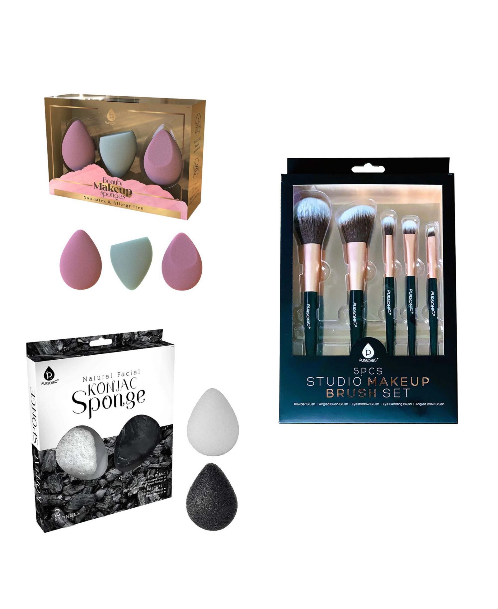 PURSONIC Flawless Beauty Essentials Bundle - Includes 3-Pack Multi-Shape Makeup Sponges, Natural Konjac Sponge Duo and 5-Piece Studio Brush Set