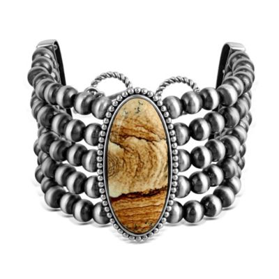 American West Jewelry Sterling Oval Picture Jasper Oval Cut Beaded Toggle Bracelet, Size, Size