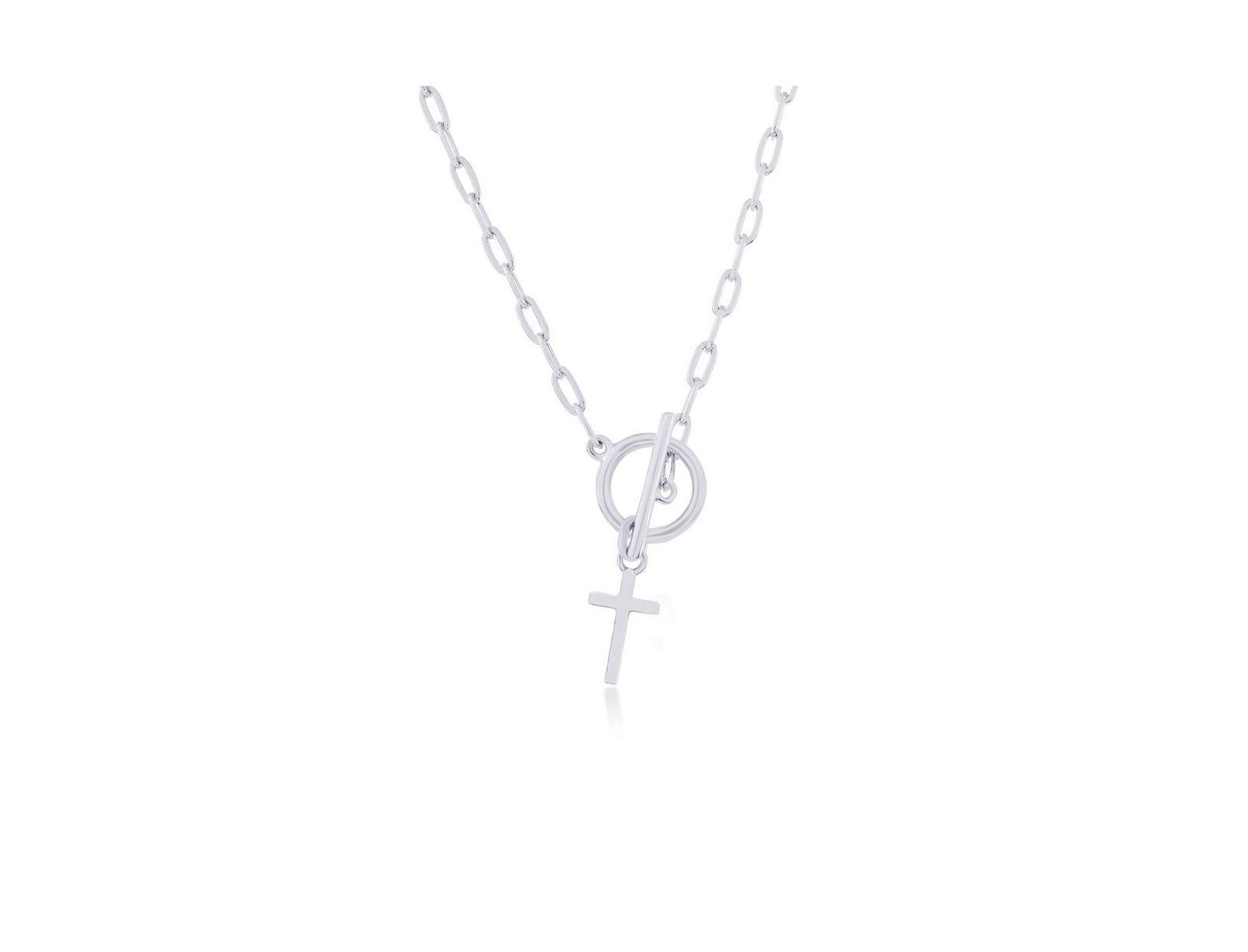 Sterling Cross Charm Paperclip Toggle Necklace