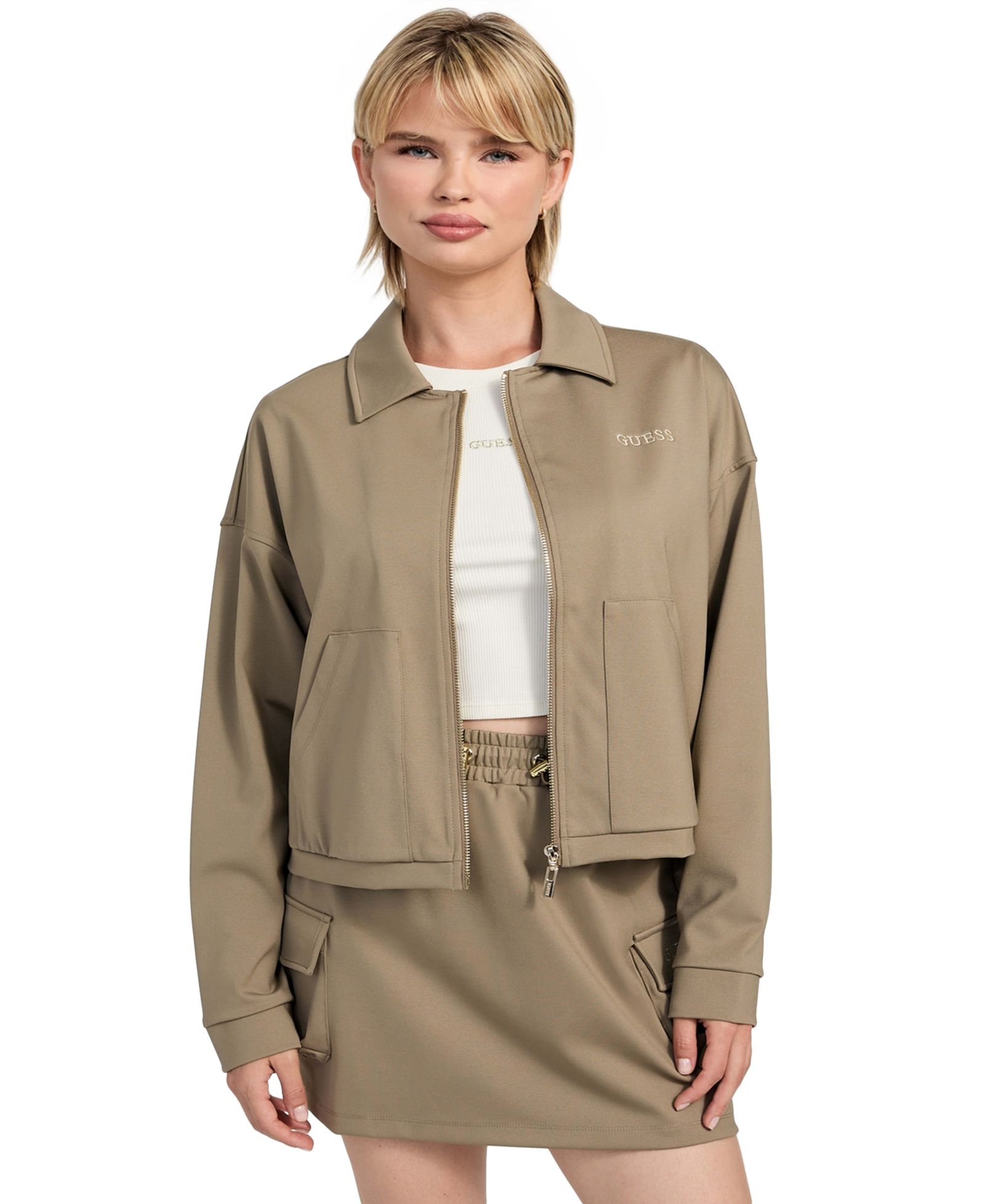 GUESS Women's Carla Collared Zip-Front Cropped Jacket