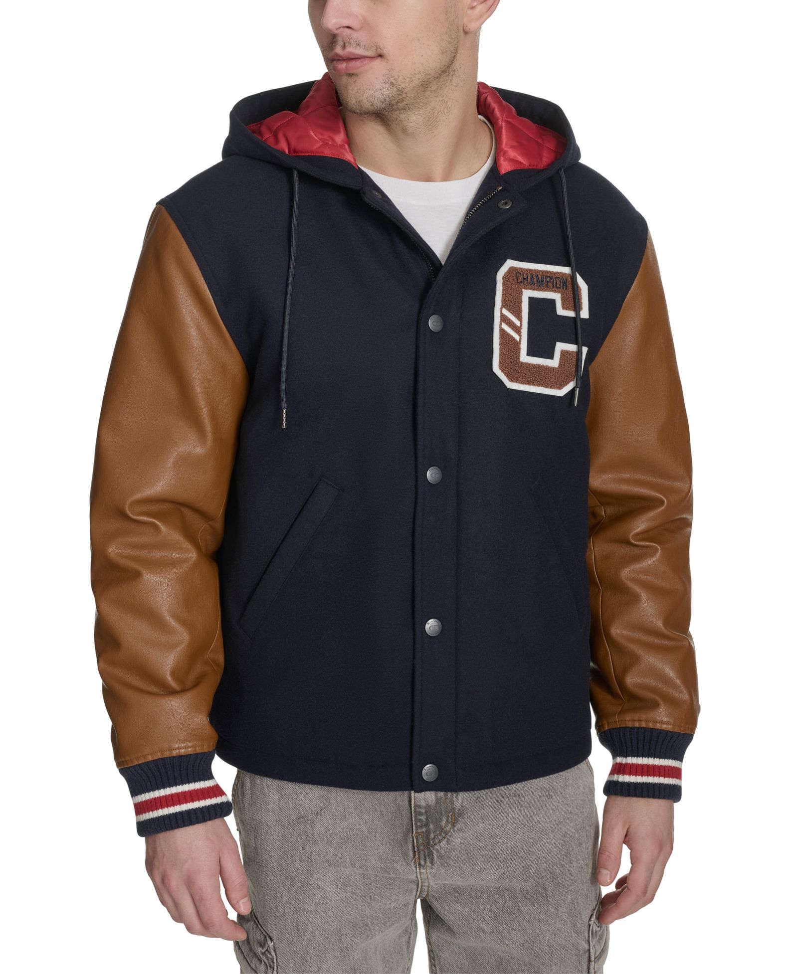 Champion Men's Mixed Media Hooded Varsity Jacket