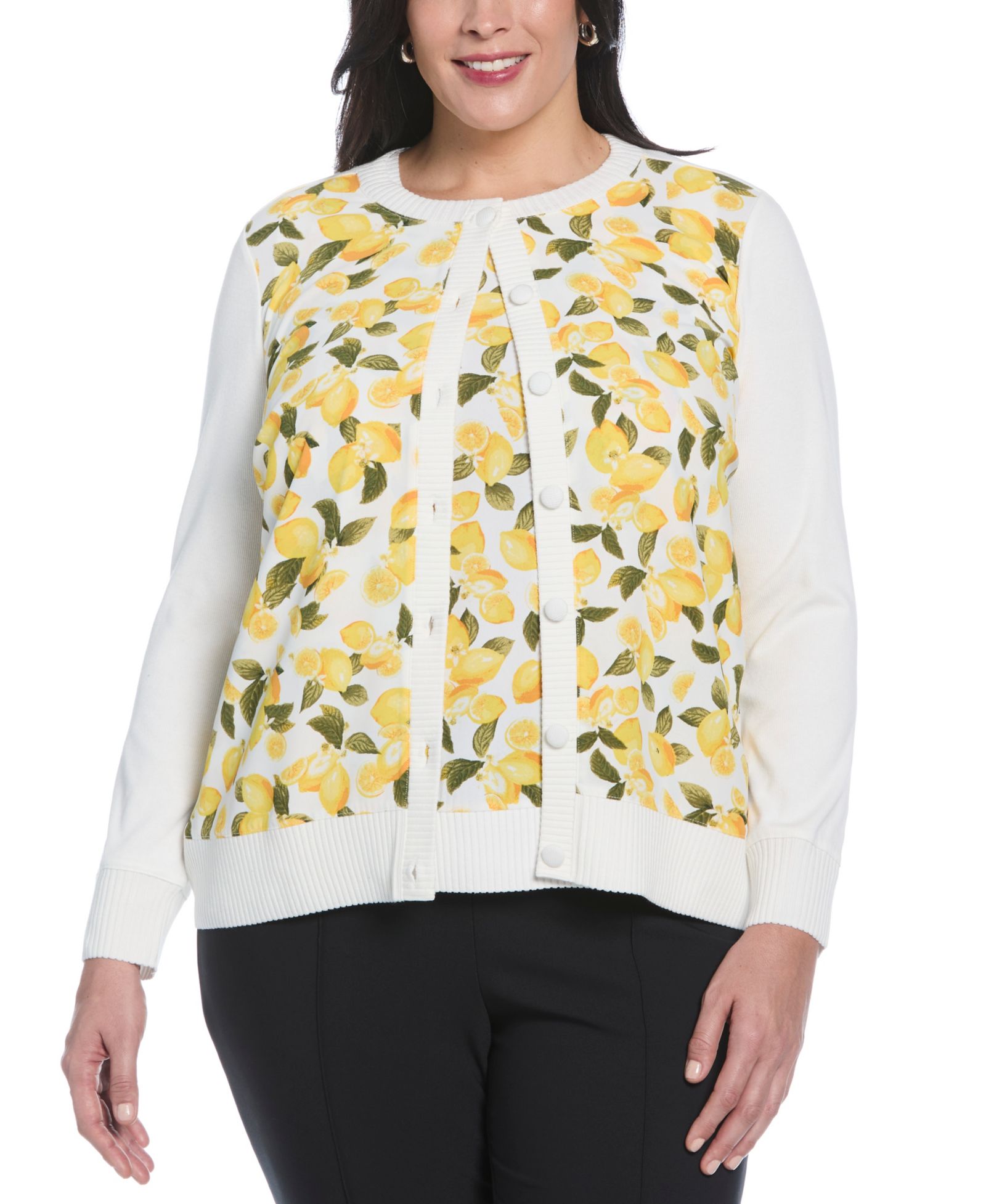 Rafaella Plus Size Lemon Print Woven Front Long Sleeve Cardigan Sweater