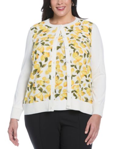 Rafaella Plus Size Lemon Print Woven Front Long Sleeve Cardigan Sweater