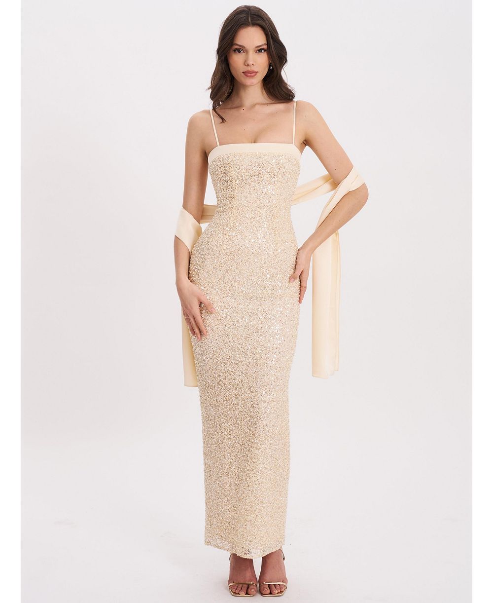 Женское вечернее платье Miss Circle Raizel Gold Beaded Sequin Bodycon с шарфом