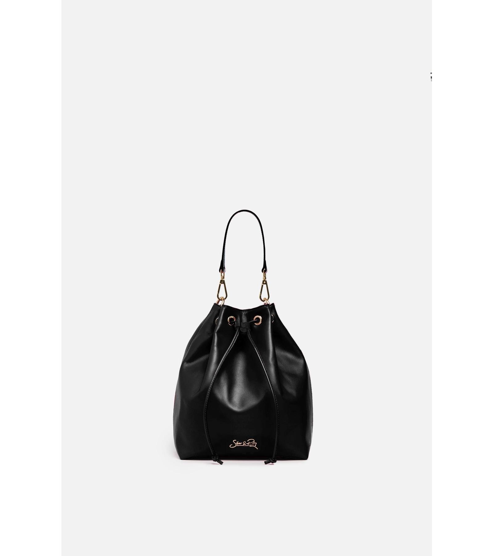 Madison Drawstring Leather Bucket Bag in Black
