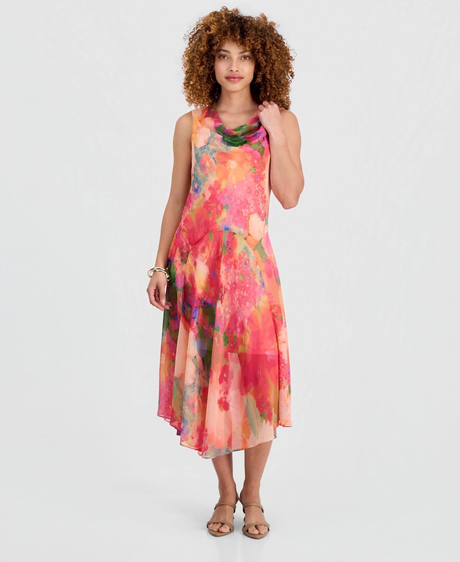 Robbie Bee Petite Printed Cowlneck High-Low Midi Dress