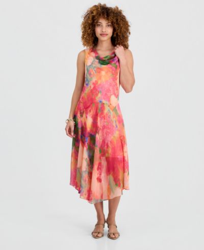 Robbie Bee Petite Printed Cowlneck High-Low Midi Dress