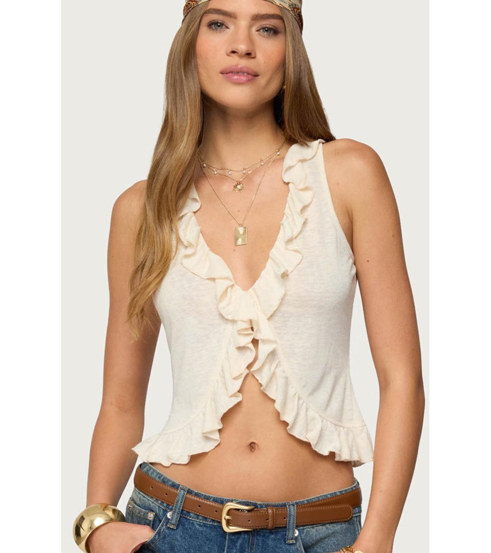 Edikted Womens Marsh Ruffle Split Front Top