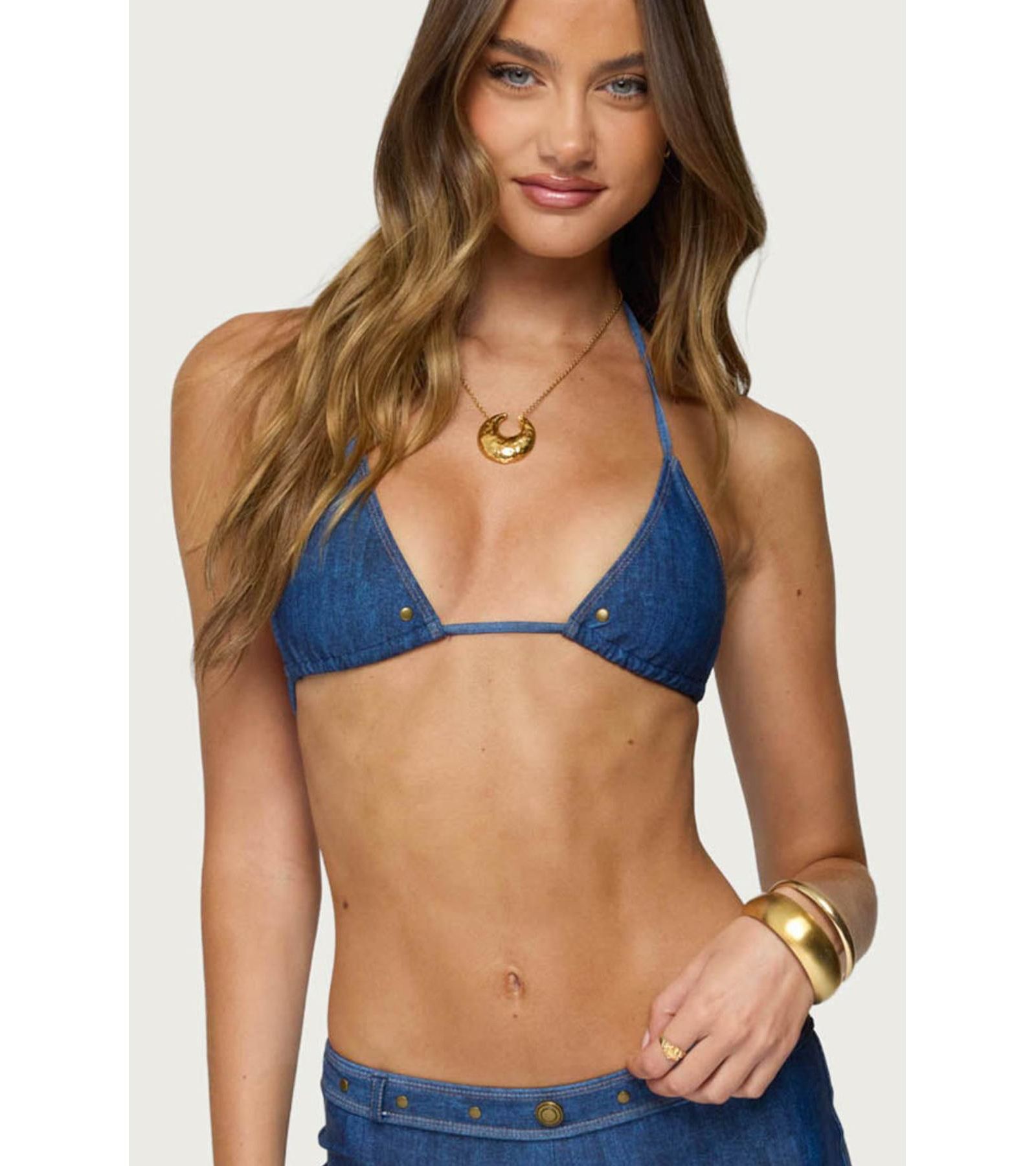 Edikted Women's Agnes Denim Printed Triangle Bikini Top