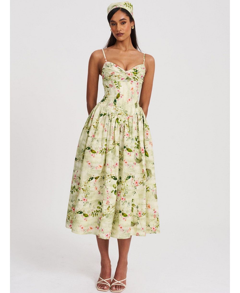 Женское миди-платье Miss Circle Jacinda Green Floral Print Ruched Breast Linen