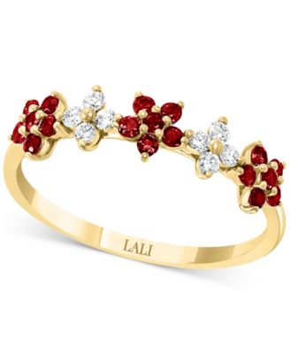 LALI Jewels Ruby (3/8 ct. t.w.) & Diamond (1/6 ct. t.w.) Five Flower Ring in 14k Yellow Gold (Also available in Sapphire or Emerald)