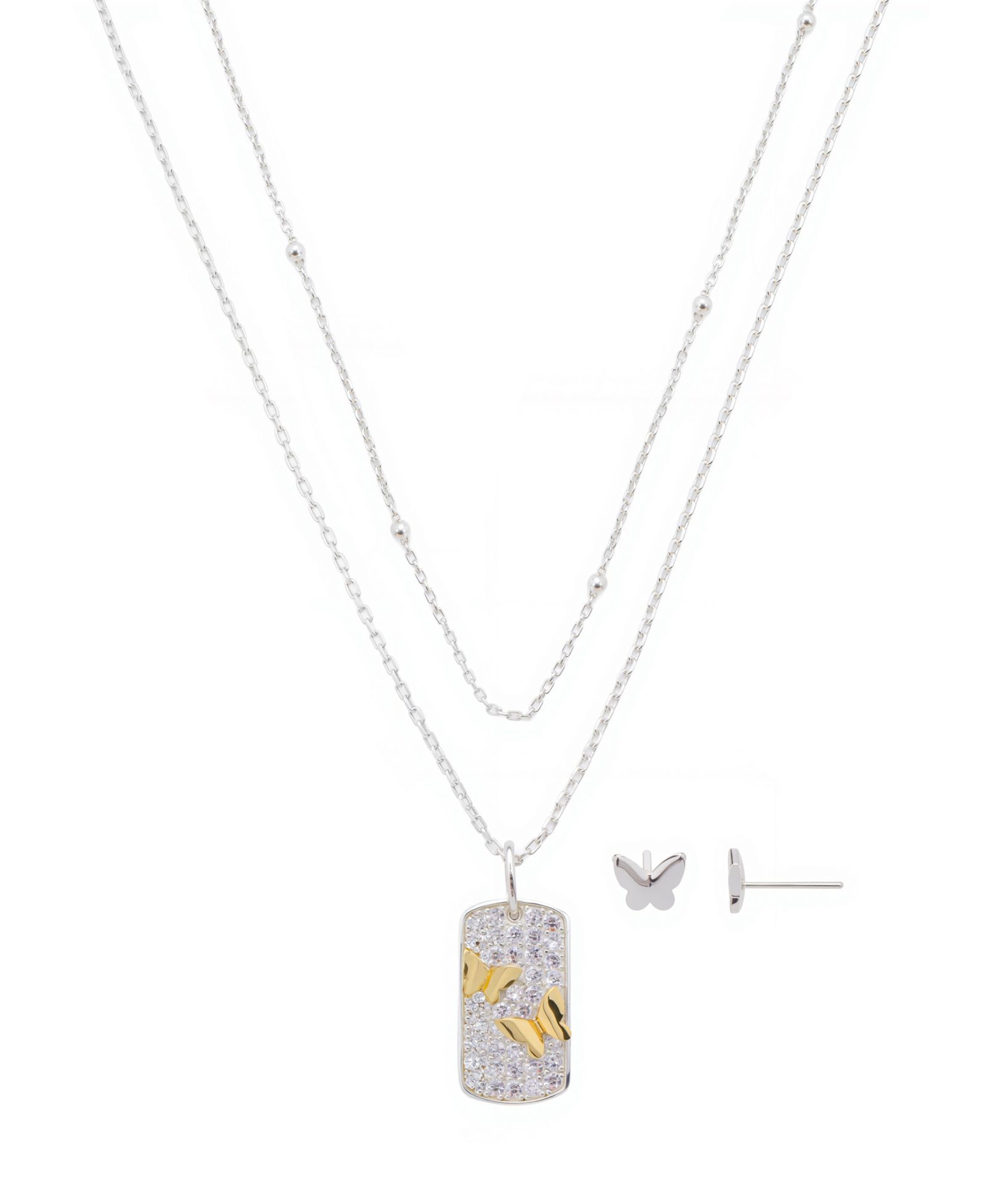 Unwritten Cubic Zirconia Butterfly Tag Pendant Layered Necklace and Earring Set