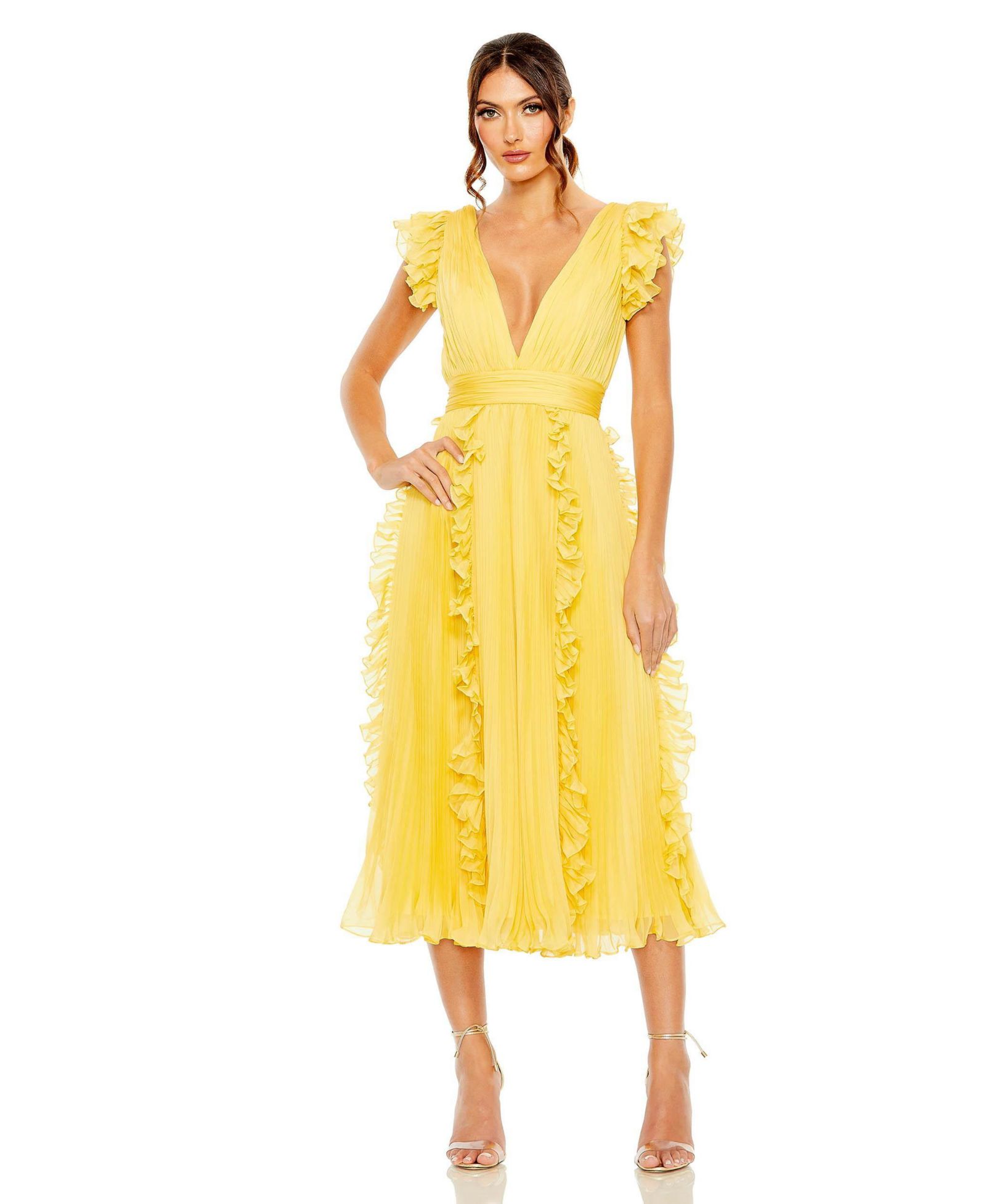 Женское миди-платье Mac Duggal Pleated Chiffon V Neck Ruffle