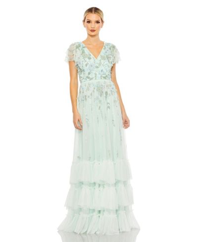 Mac Duggal Women's Ruffle Tiered Embellished Faux Wrap Flutter Sleeve Gown