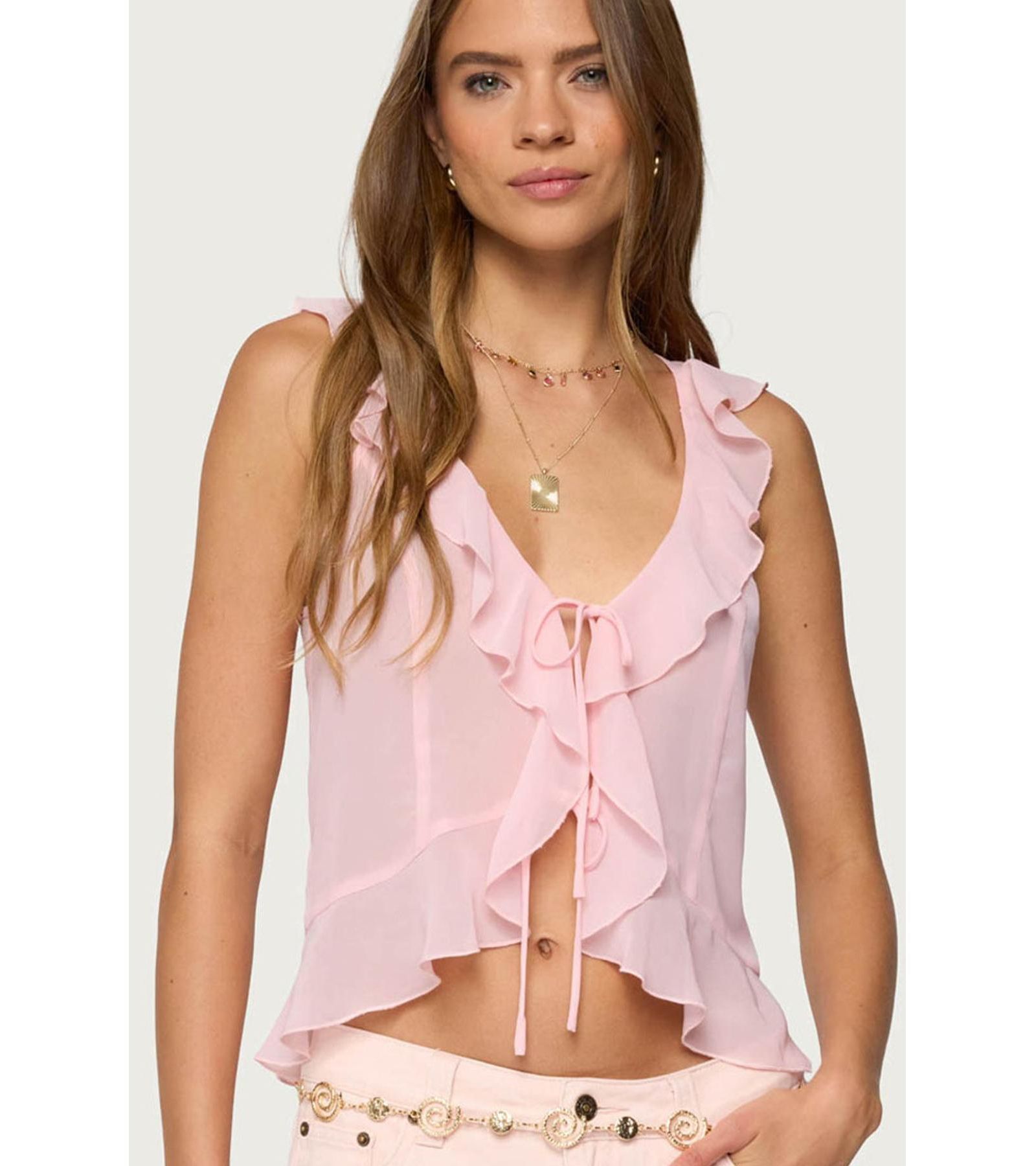 Edikted Womens Roxan Ruffle Chiffon Tie Front Top