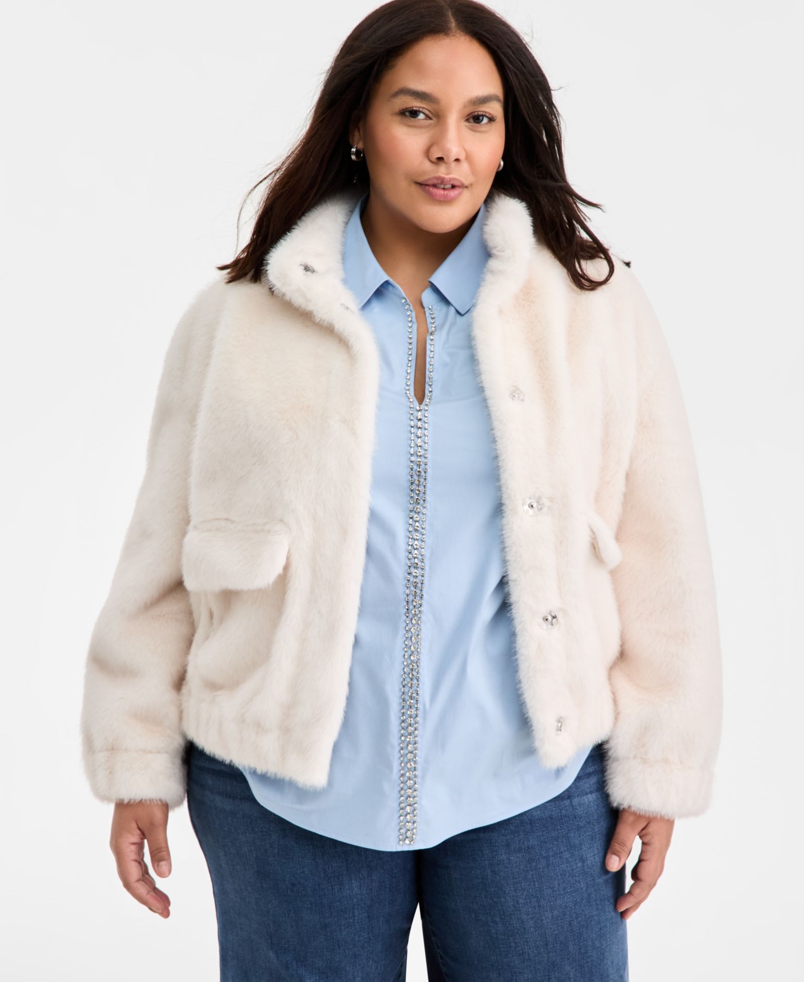 On 34th Trendy Plus Size Solid Faux-Fur Bomber Jacket, Macy's Exclusive
