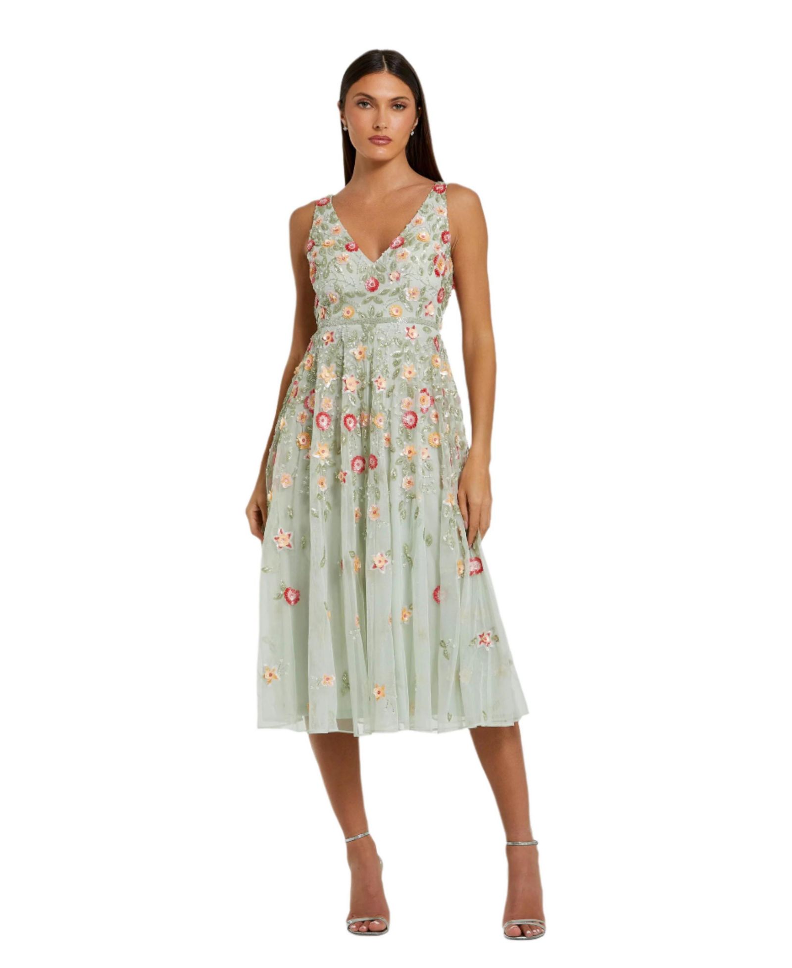 Mac Duggal Women's Deep V-Neck Embroidered Midi Dress