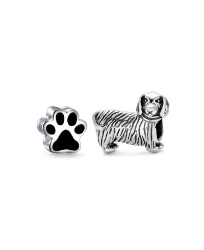 Bling Jewelry Puppy Black Paw Print Charm Bead for Bracelet .925 Sterling Silver 2 Set