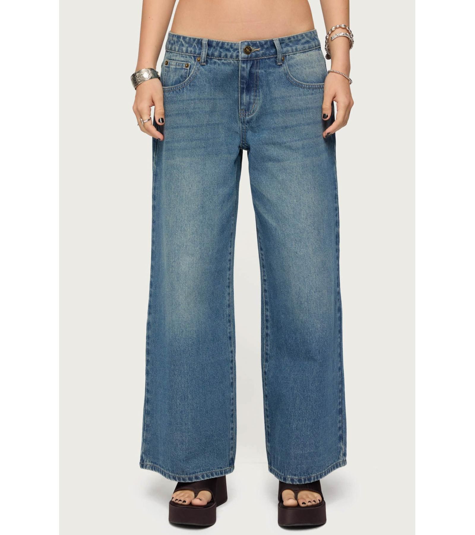 Edikted Womens Vyxen Vintage Washed Low Rise Jeans