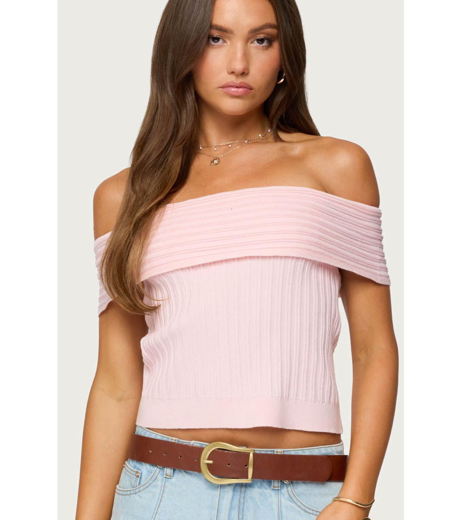 Edikted Womens Blythe Ribbed Knit Fold Over Top